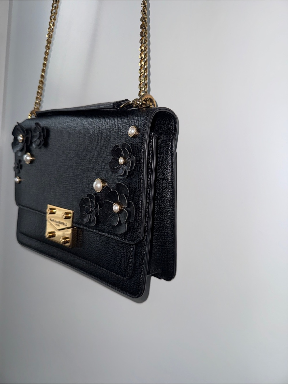 Karl Lagerfeld Black Floral-Appliqué Crossbody with Gold Hardware - Picture 4 of 7